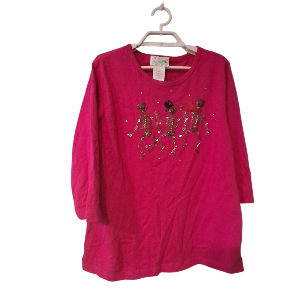Quacker Factory top womens size Medium 3/4 sleeves pink beaded skeletons cotton